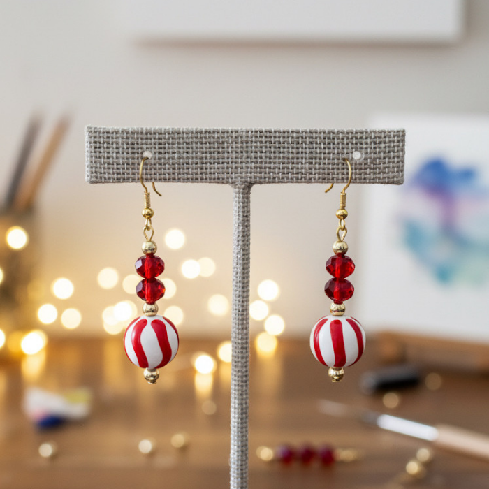 Red and White Glass Crystal Drop Earrings with Elegant Design and Beaded Accents