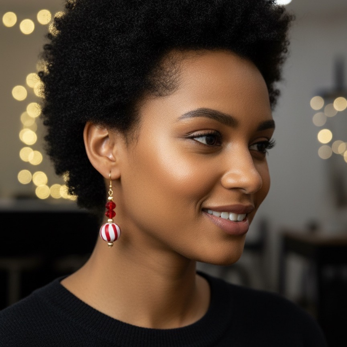 Elegant Red and White Glass Crystal Drop Earrings displayed on a smiling model with soft lighting