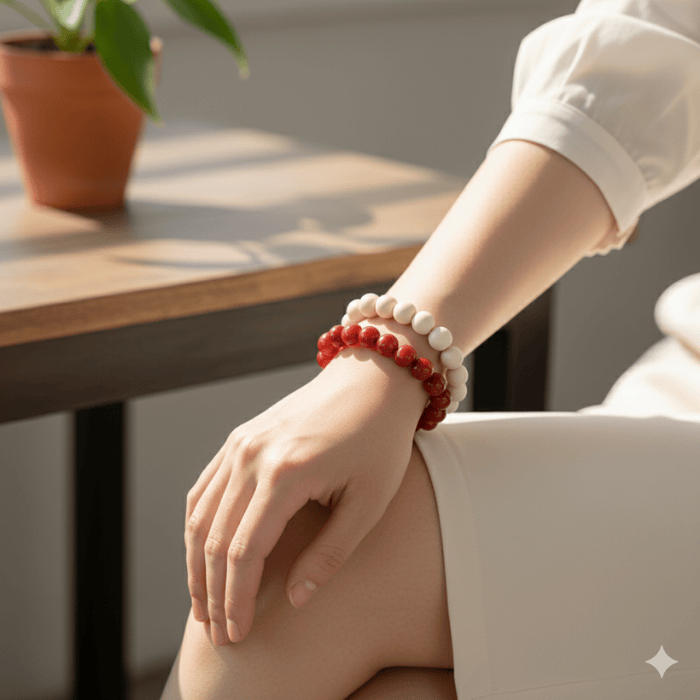 Stylish Red Coral and Cream Fossil Bracelet Set worn on wrist in a bright indoor setting