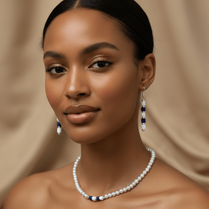 Elegant Royal Blue and White Jewelry Set featuring beaded necklace and matching earrings