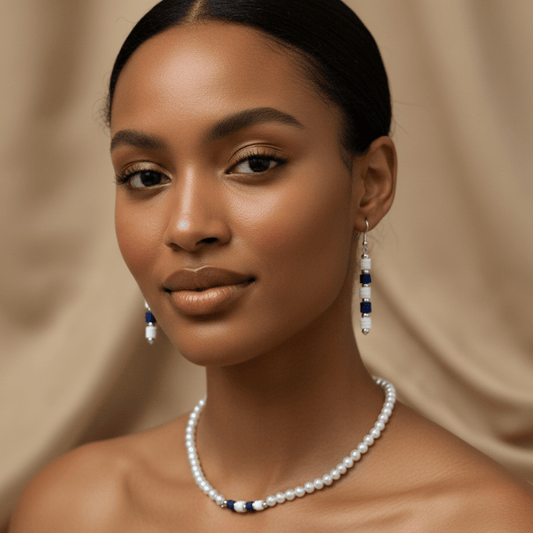 Elegant Royal Blue and White Jewelry Set featuring beaded necklace and matching earrings