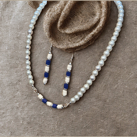 Elegant Royal Blue and White Jewelry Set featuring a pearl necklace and matching earrings
