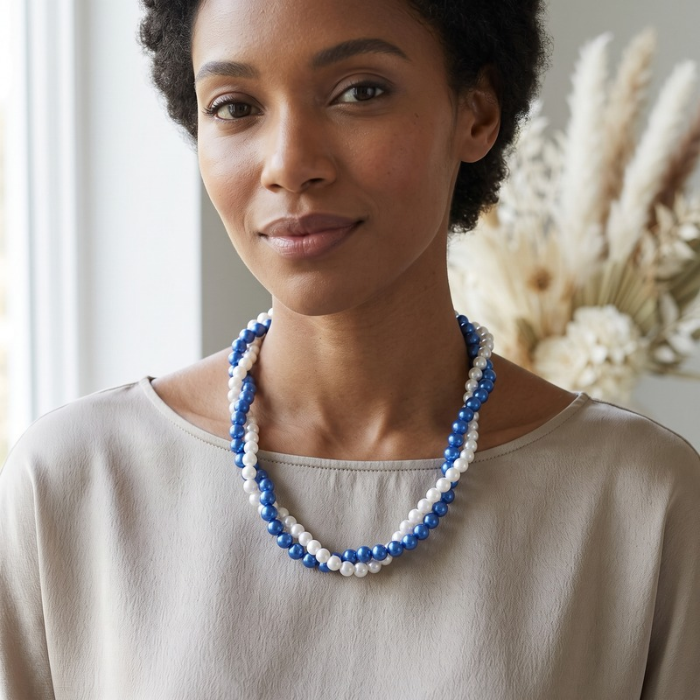 Royal Blue Pearl Twisted Necklace crafted with blue and white pearls for a stylish look