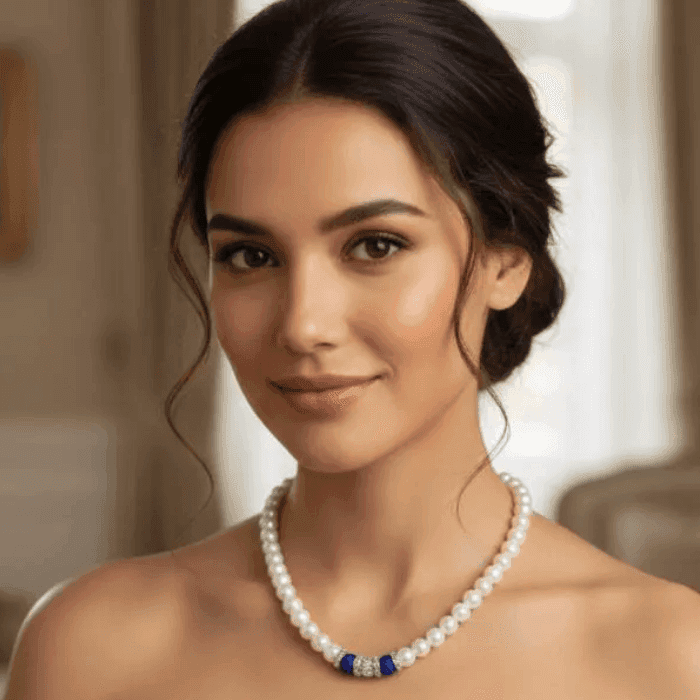 Elegant Royal Blue Rhinestone and White Glass Pearls Necklace worn by a model, perfect for special occasions