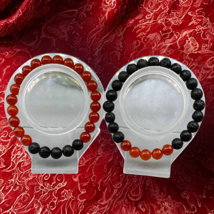 Sacral Plexus Chakra Bracelets made with polished dark green beads on a textured background
