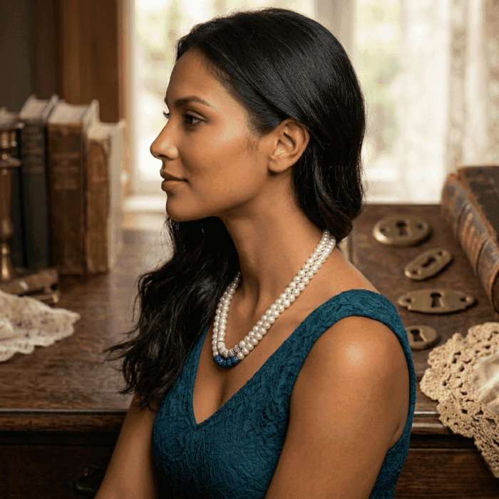 Elegant Sapphire Sparkle Rhinestone Bead and Glass Pearl Necklace worn by a model in profile