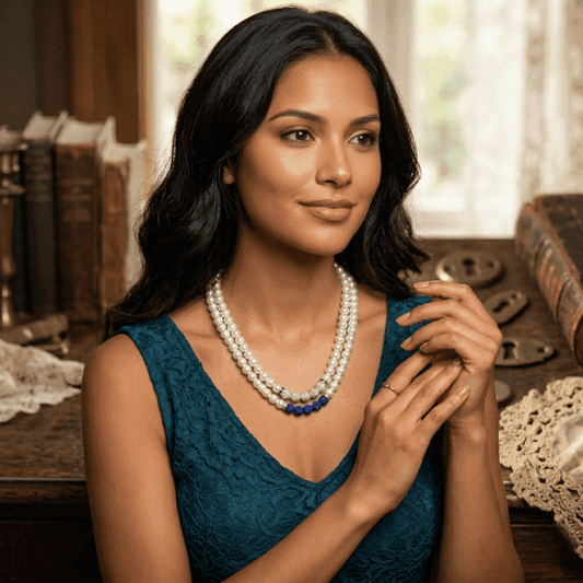 Model wearing a Sapphire Sparkle Rhinestone Bead and Glass Pearl Necklace in a cozy setting