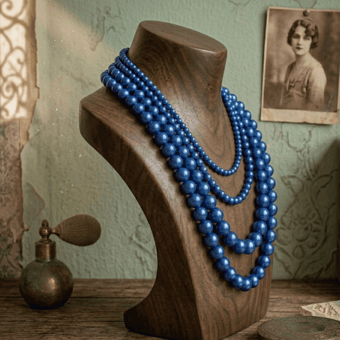 Elegant display of a Single Strand Blue Glass Pearl Necklace on a wooden bust against a vintage background