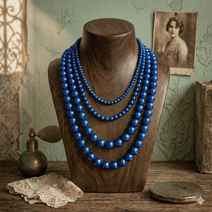 Single Strand Blue Glass Pearl Necklace displayed on a wooden bust with vintage decor