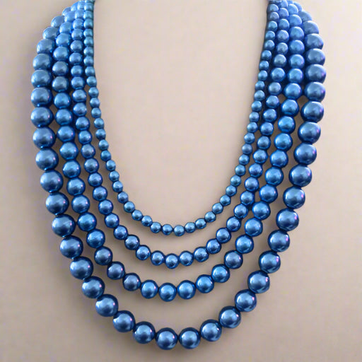 Single Strand Blue Glass Pearl Necklace by Peace N Beads with multiple strands of shiny blue pearls