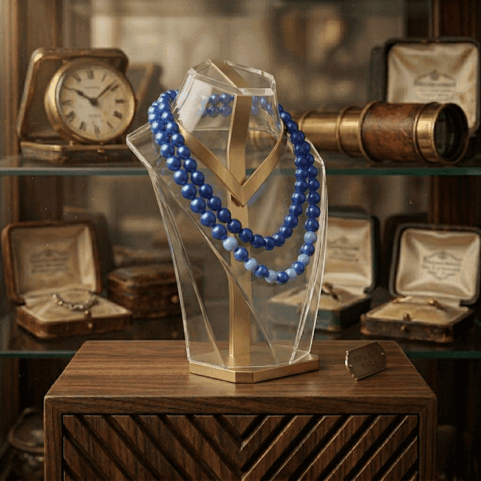 Sky and Royal Blue Double Strand Necklace displayed on a clear bust with wooden background