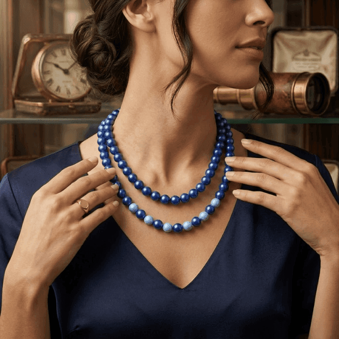 Sky and Royal Blue Double Strand Necklace displayed elegantly on a model with a navy outfit