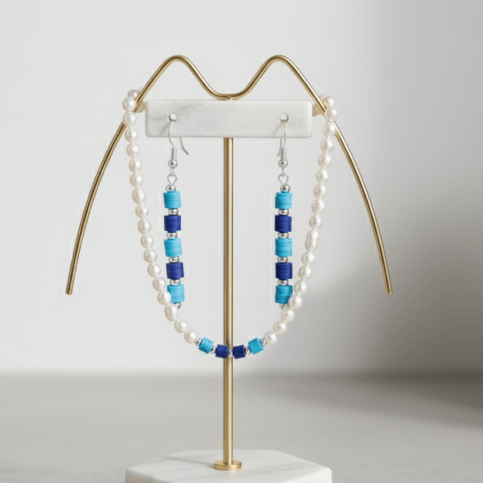 Elegant Sky and Royal Blue Jewelry Set with Pearl Accents and Unique Beads