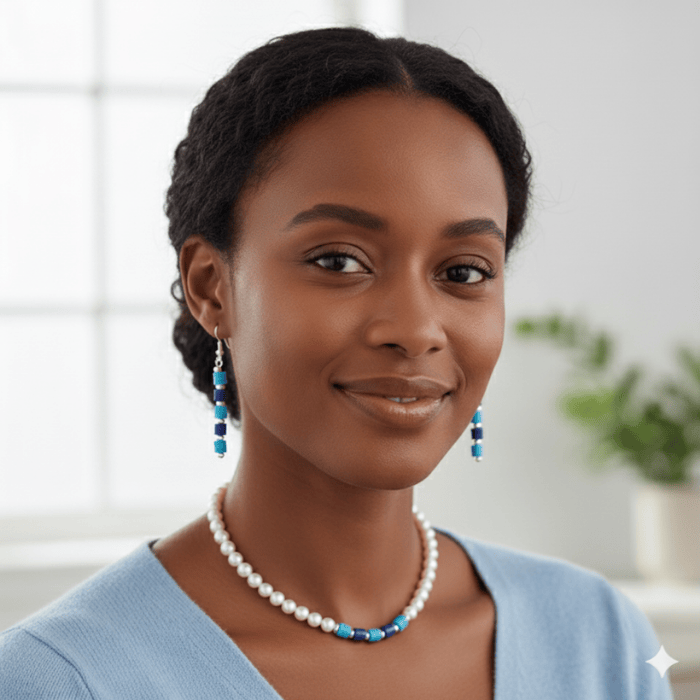 Elegant Sky and Royal Blue Jewelry Set featuring earrings and necklace worn by a model