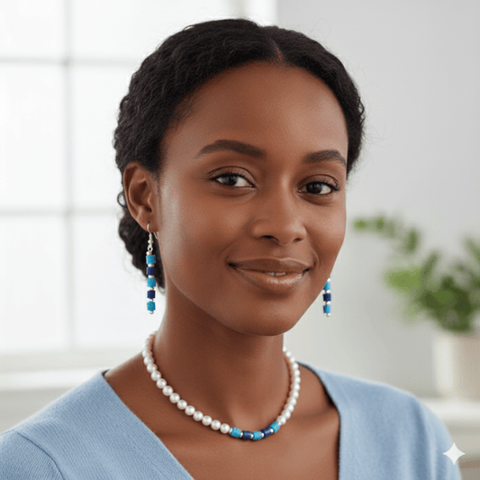 Elegant Sky and Royal Blue Jewelry Set featuring earrings and necklace worn by a model
