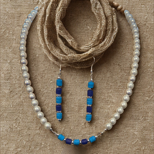 Sky and Royal Blue Jewelry Set featuring beaded necklace and matching earrings for elegant styling