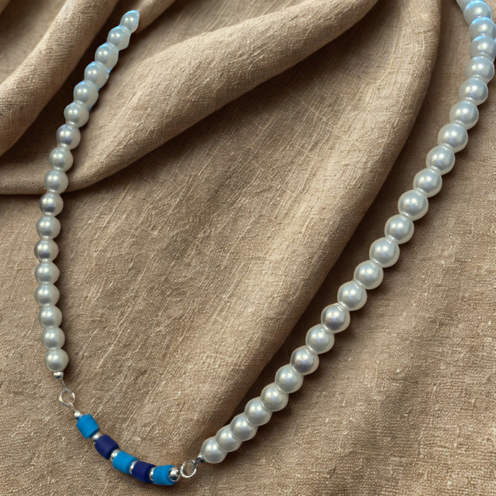 Sky and Royal Blue Jewelry Set featuring white pearls and vibrant blue beads