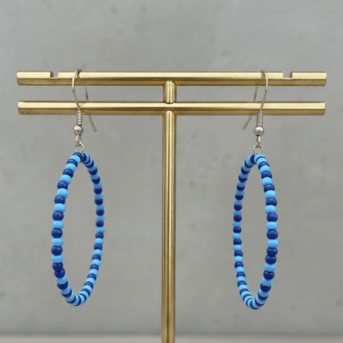 Sky and Royal Blue Medium Hoop Earrings with Beaded Design for Fashionable Outfits