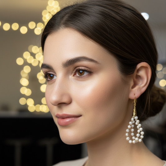 Elegant model wearing Small Oval Freshwater Pearl Drop Earrings with a gold hook for a chic look