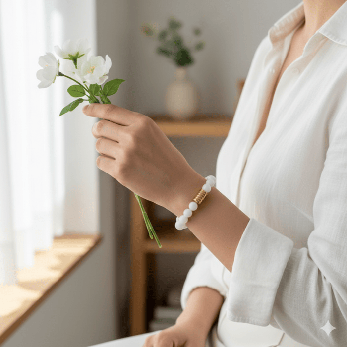 Elegant model wearing a Solid White Jade Gemstone Bracelet while holding flowers indoors