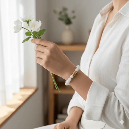 Elegant model wearing a Solid White Jade Gemstone Bracelet while holding flowers indoors