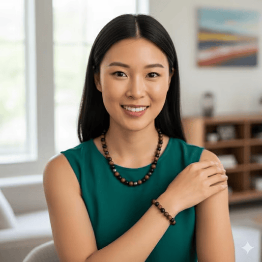 Woman wearing a Spiritual Gemstone Jewelry Set with bracelet and necklace showcasing natural elegance