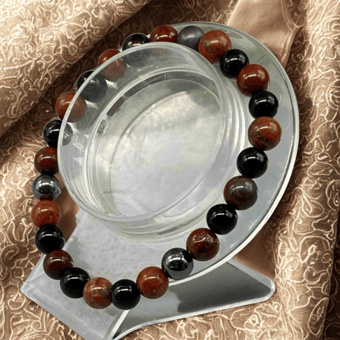 Peace N Beads Spiritual Gemstone Jewelry Set featuring polished red and black beads on a display