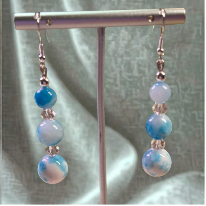 Three-Tiered Blue and White Crystal Earrings with Elegant Design by Peace N Beads Design