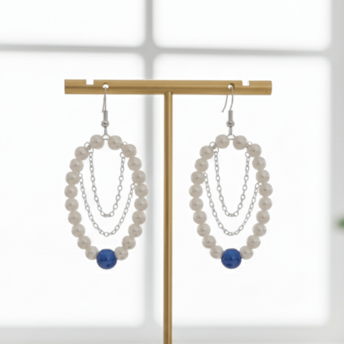 Elegant White and Royal Blue Glass Pearl Hoops with layered chains for a stylish look