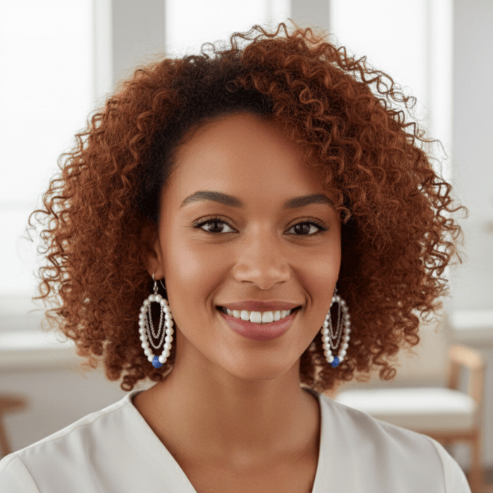 Elegant White and Royal Blue Glass Pearl Hoops showcasing a stylish design worn by a model
