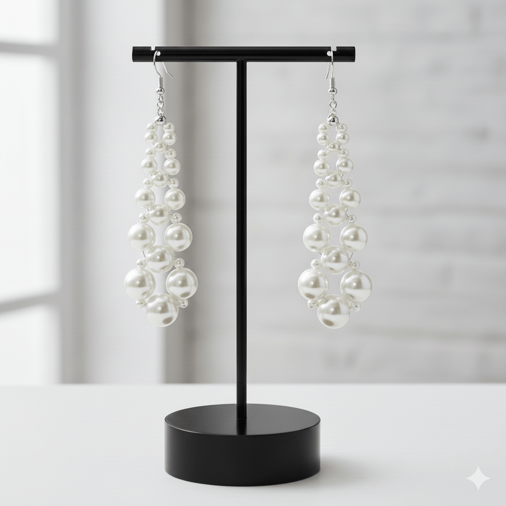 Stunning White Glass Pearl and Crystal Earrings with a Modern Design on a Display Stand