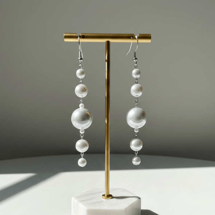 Elegant White Glass Pearl Dangle Earrings with multiple pearl beads and a chic design