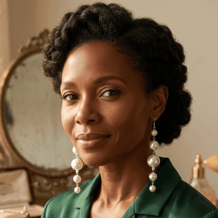 Elegant woman wearing White Glass Pearl Dangle Earrings showcasing modern jewelry style