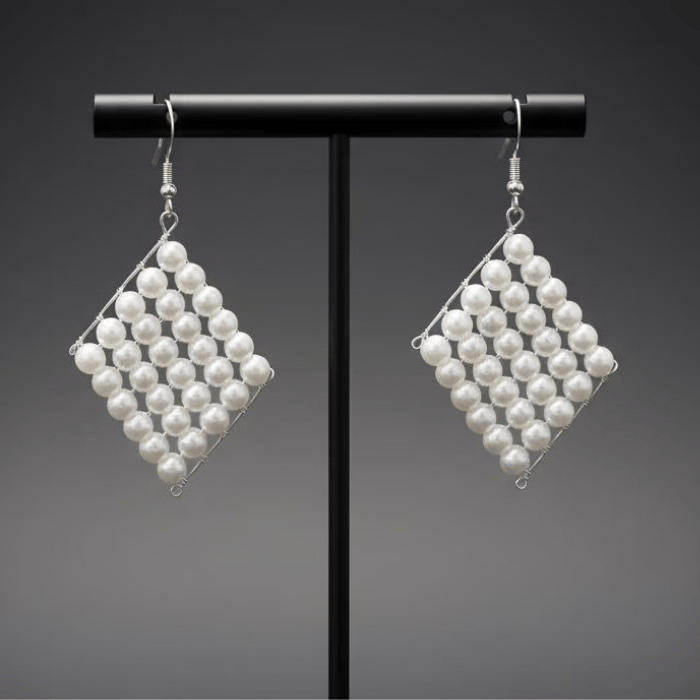 White Glass Pearl Rectangular Earrings featuring a unique diamond shape for elegant styling