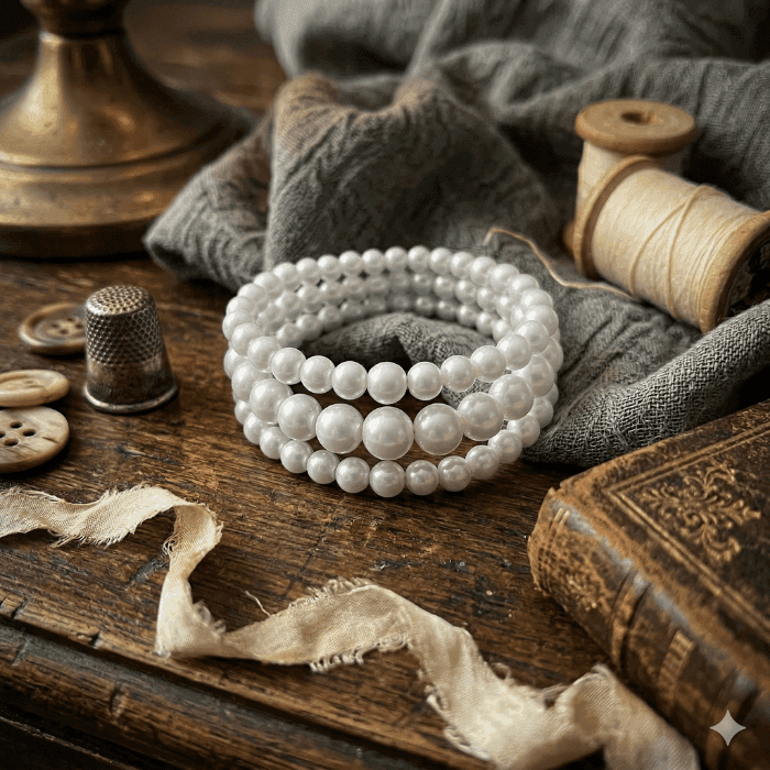 Elegant White Glass Pearl Stretch Bracelet displayed on vintage fabric with sewing supplies