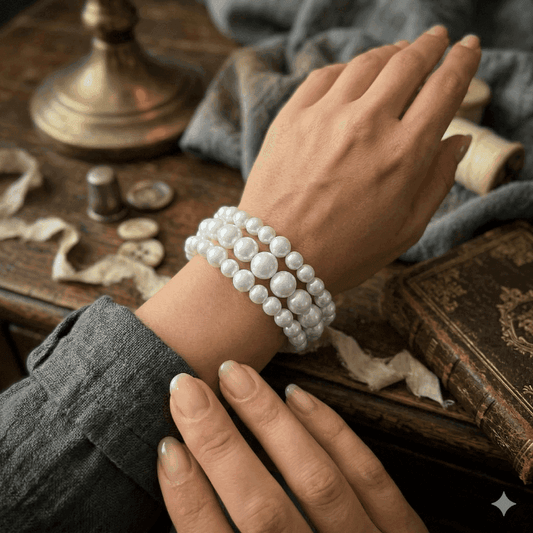 Elegant White Glass Pearl Stretch Bracelet worn on a hand, showcasing a chic design.