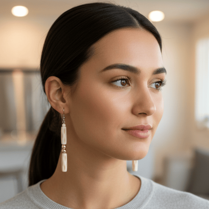 Model wearing Wood and Hematite Drop Earrings, showcasing a stylish and elegant design