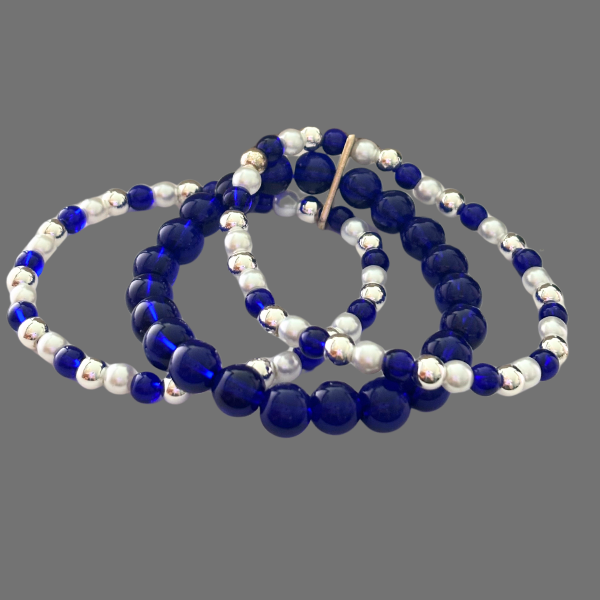 Peace N Beads 3 Strand Royal Blue White and Silver Bracelet with polished round beads