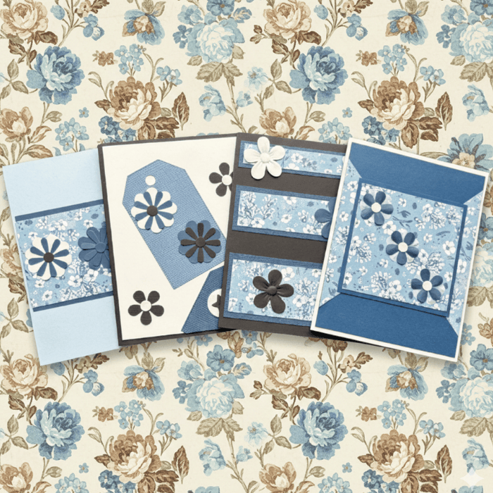 Set of Petals and Penmanship Note Cards featuring floral designs in blue and white with decorative elements