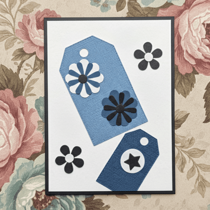 Petals and Penmanship Note Cards featuring blue flowers and tags on a floral background