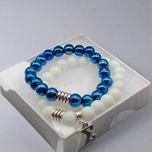 Phi Beta Sigma Blue Hematite White Jade Bracelets