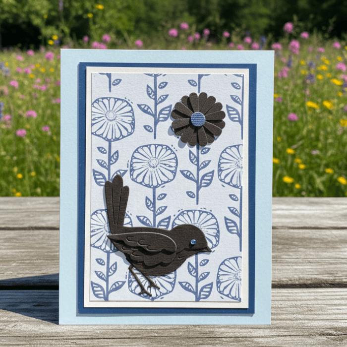Handcrafted note card design featuring a bird and flower with Puppies in the Sunshine theme