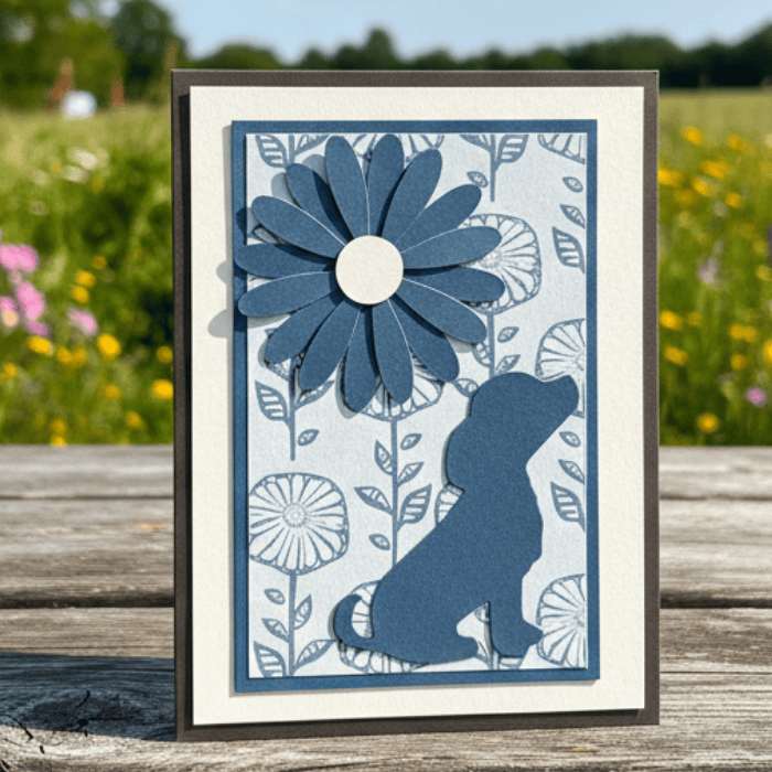 Puppies in the Sunshine note card featuring a dog silhouette and flower design for dog lovers