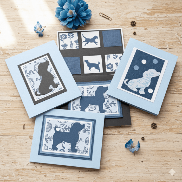 Puppy Paws and Kisses Note Cards featuring cute dog silhouettes on blue backgrounds