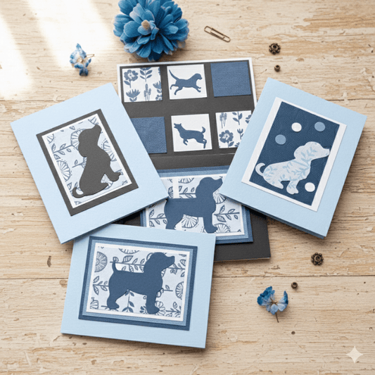Puppy Paws and Kisses Note Cards featuring cute dog silhouettes on blue backgrounds