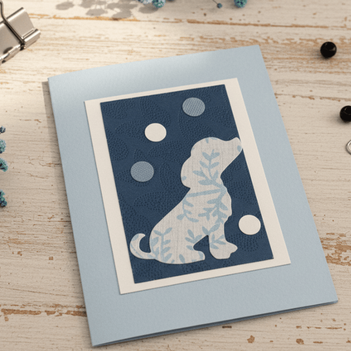 Puppy Paws and Kisses Note Cards featuring a playful dog silhouette on a blue background