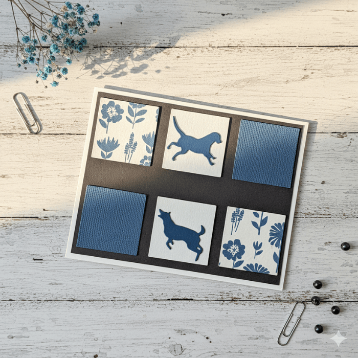 Puppy Paws and Kisses Note Cards featuring floral and animal designs in blue tones