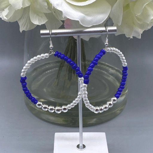 Royal Blue and White 2" Hoop Earrings-Peace N Beads Design