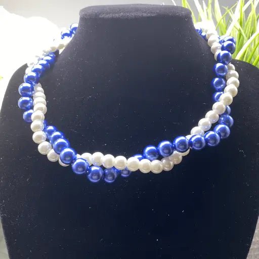 Royal Blue and White Pearl Twisted Necklace-Peace N Beads Design