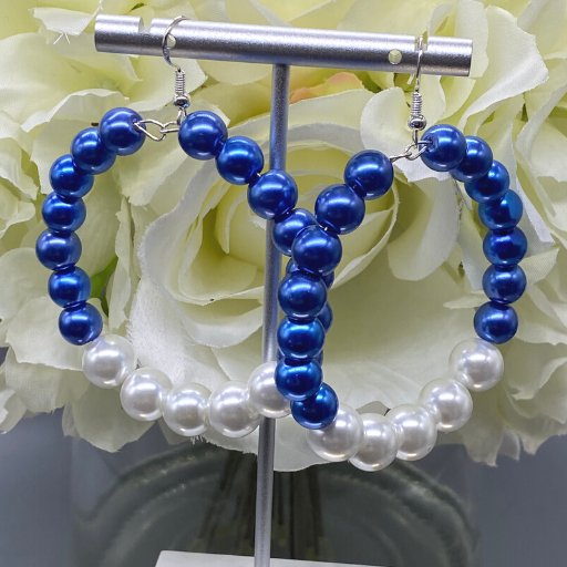 Royal Blue and White Pearls Hoops-Peace N Beads Design